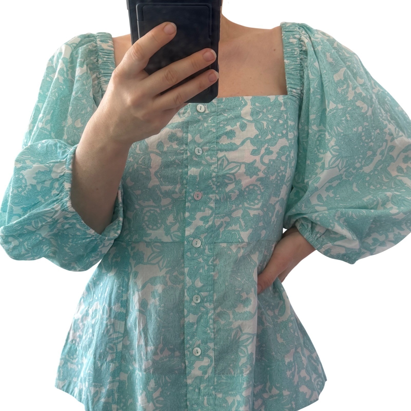 Ros Garden Margaret 002 Pauline Top Light Blue Floral Cotton Puff Sleeve Nwt S